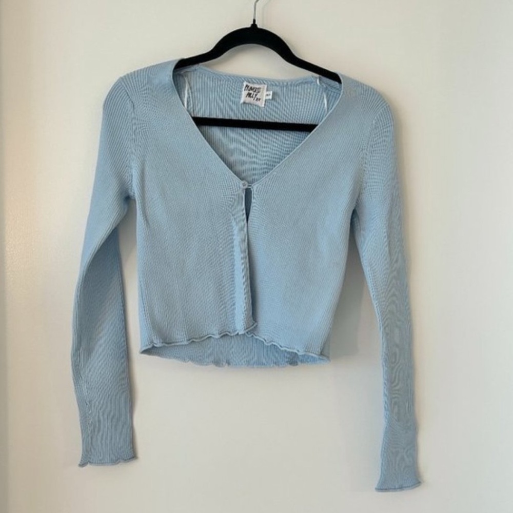 Princess Polly Light Blue Ribbed Single Button Cropped Cardigan Size XS/S